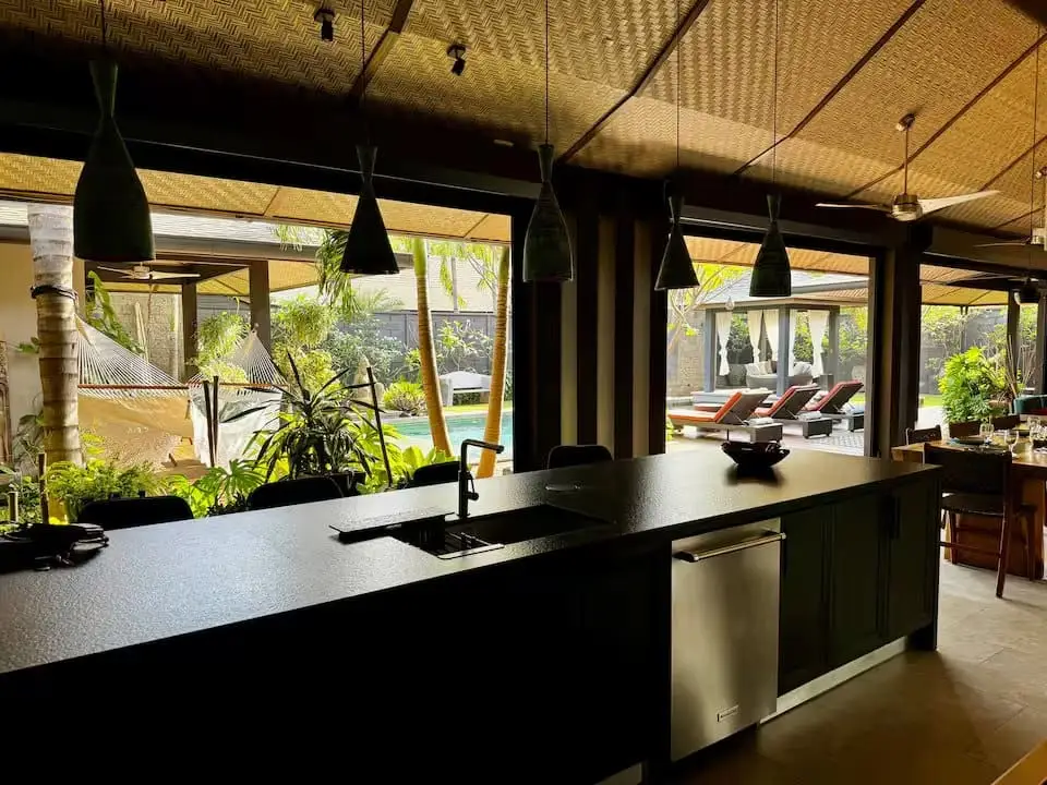 Kitchen island with pool view