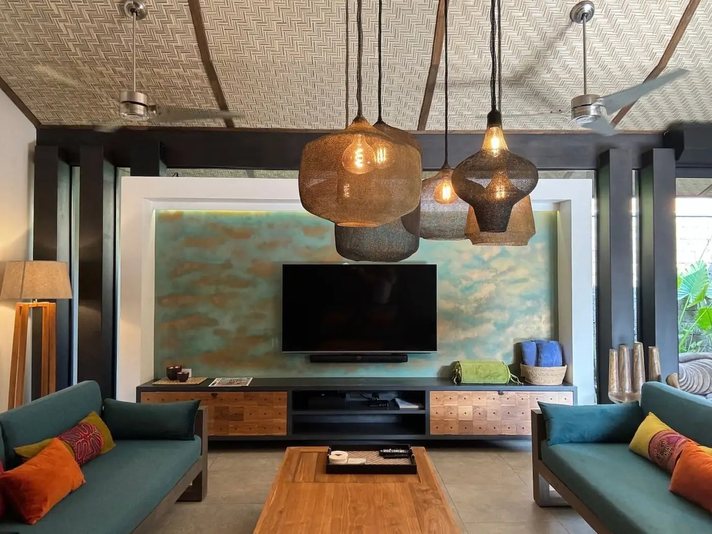 Living room seating and television wall
